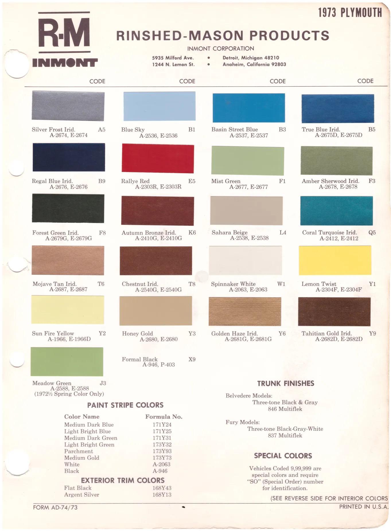 1970's Plymouth Paint Colors