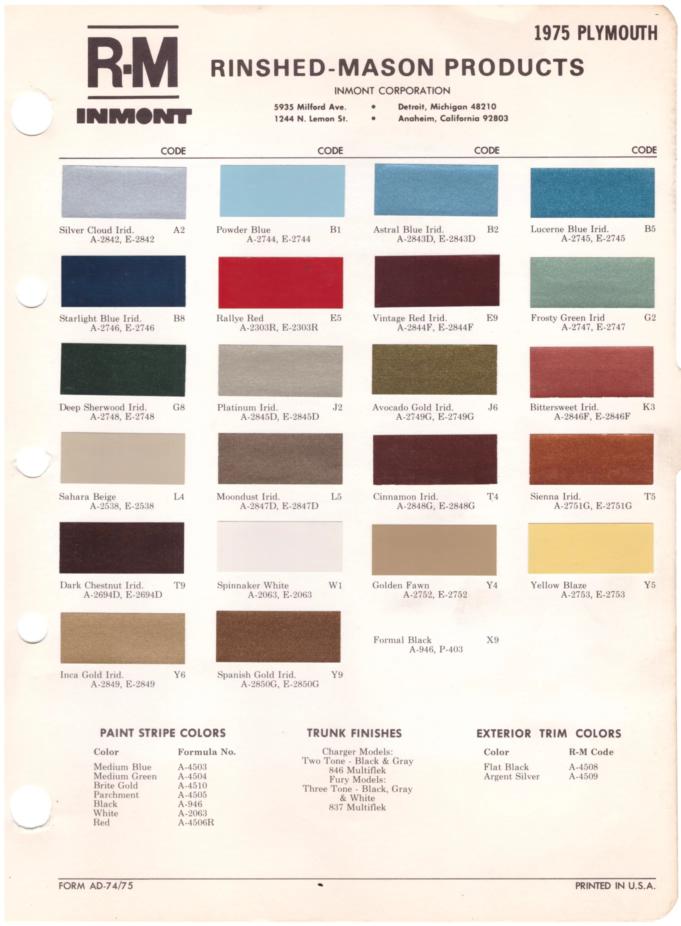 1970's Plymouth Paint Colors