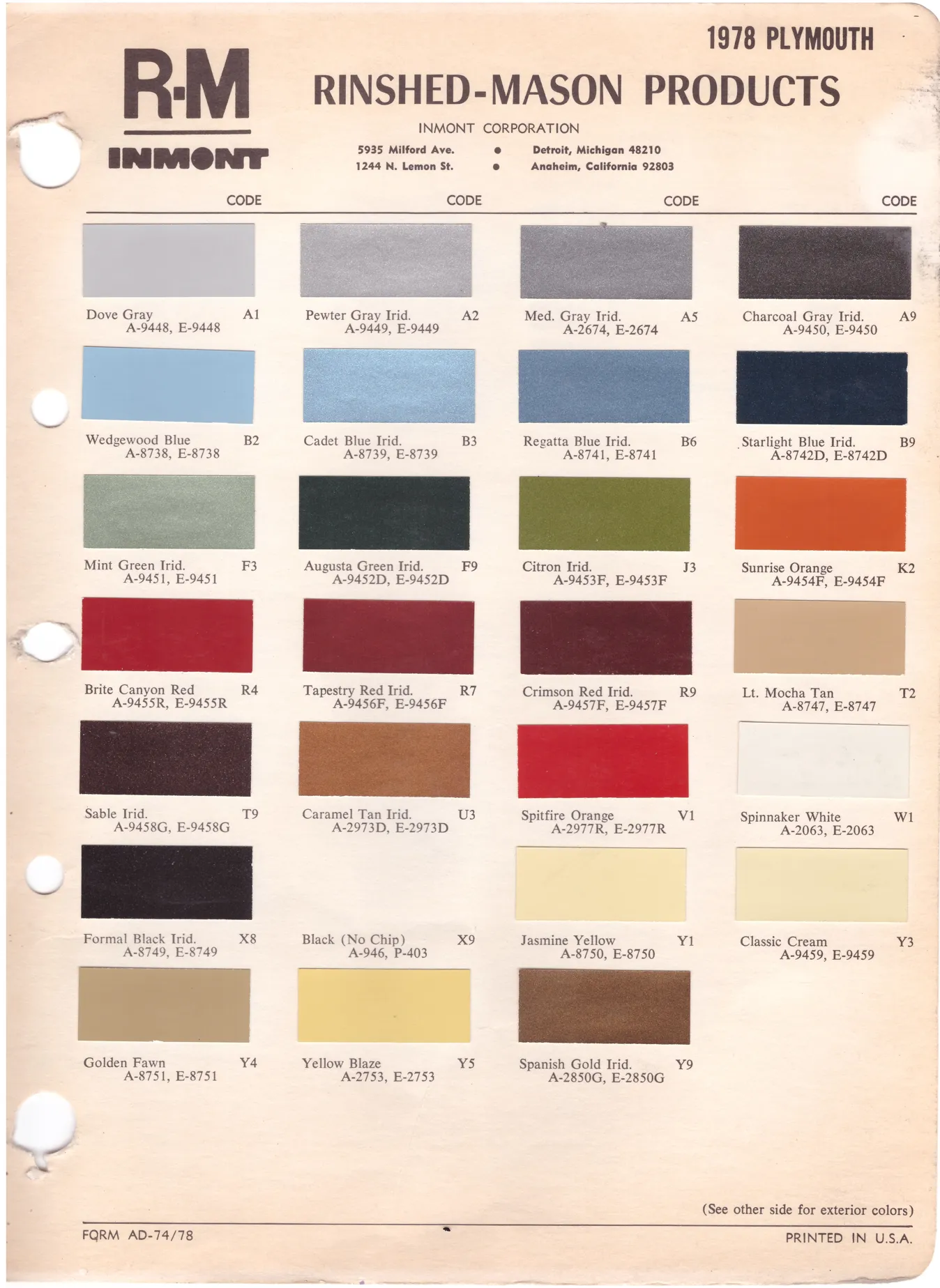 1970's Plymouth Paint Colors