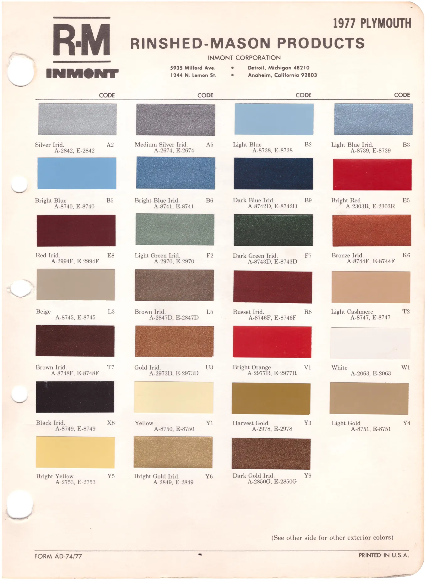 1970's Plymouth Paint Colors