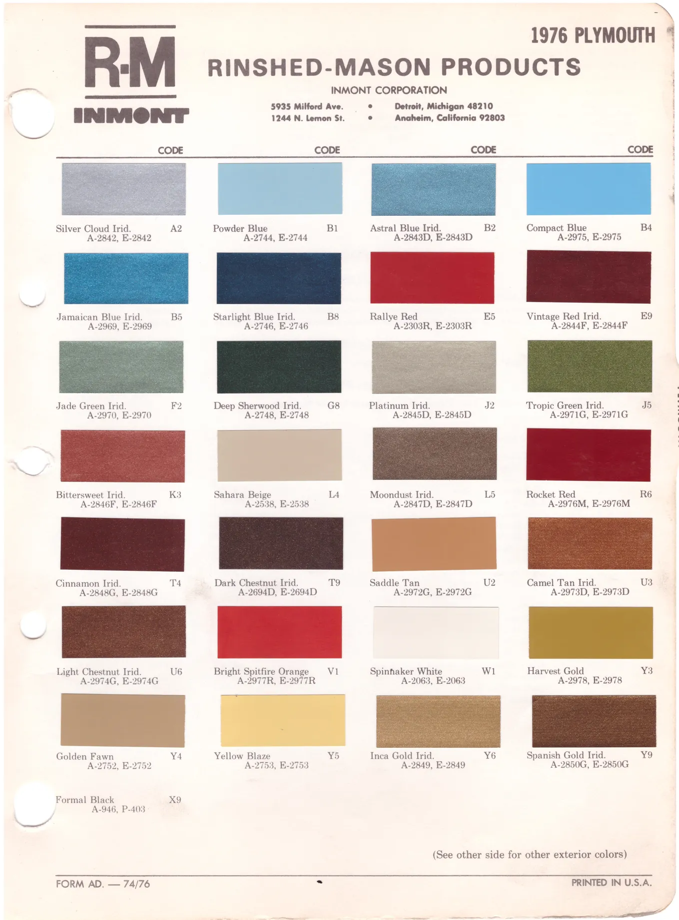 1970's Plymouth Paint Colors