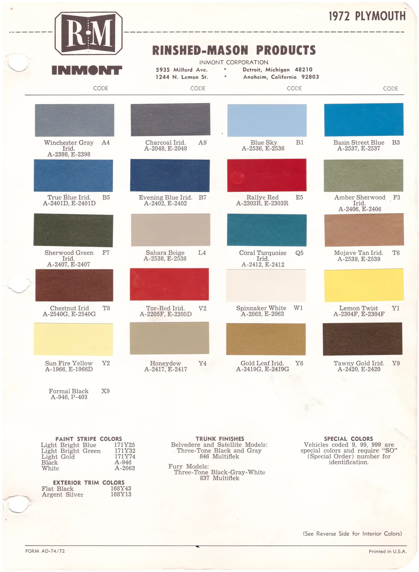 1970's Plymouth Paint Colors
